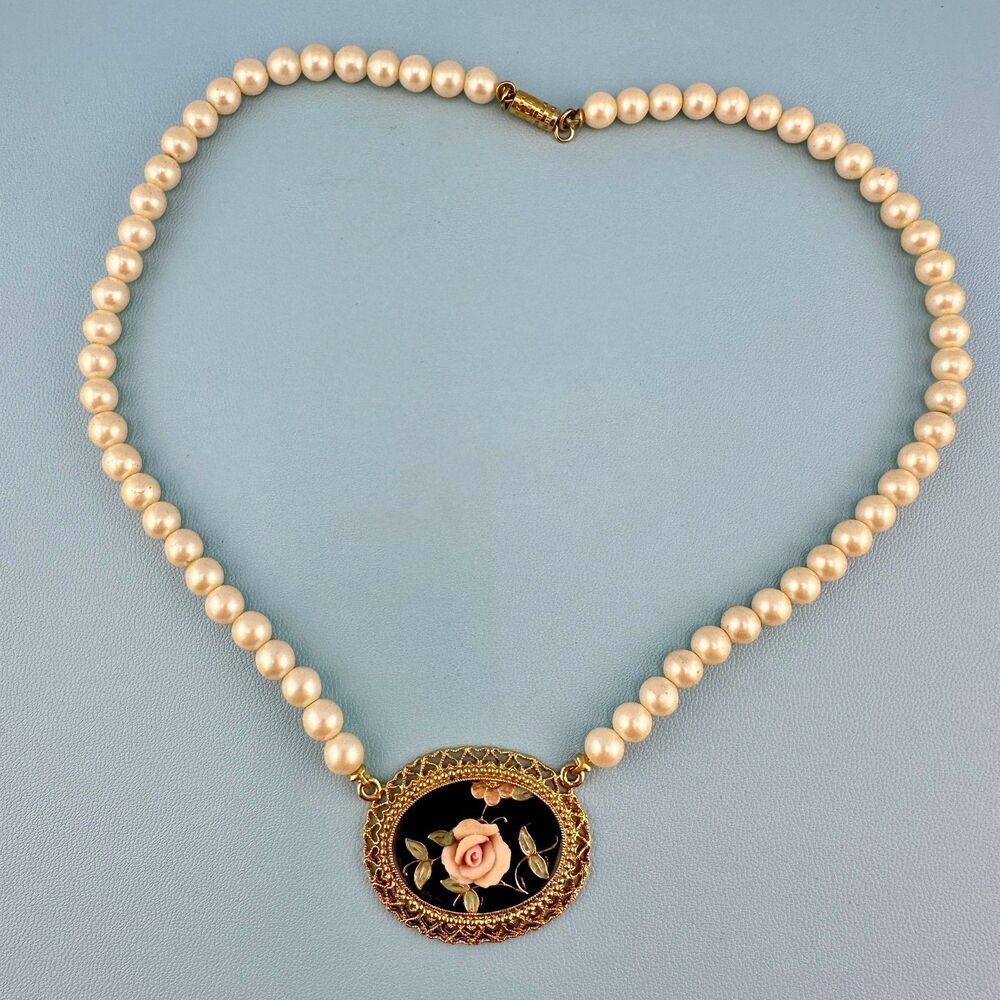 Vintage 1928 Porcelain Rose Station Pendant Necklace Faux Pearl Victorian Style - Picture 5 of 15